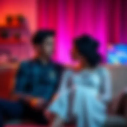 A newlywed couple sitting on a couch, looking concerned as they talk about gaming addiction, with a gaming console visible in the background.