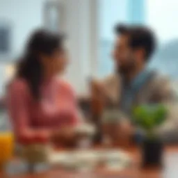 A couple sitting at a table, looking at a stack of cash and discussing options for spending or investing it