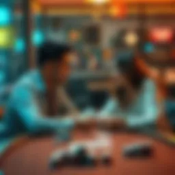 A couple sits at a table discussing poker, with cards and chips in front of them, showing a relaxed atmosphere.