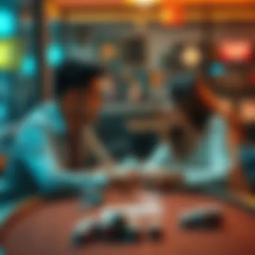 A couple sits at a table discussing poker, with cards and chips in front of them, showing a relaxed atmosphere.