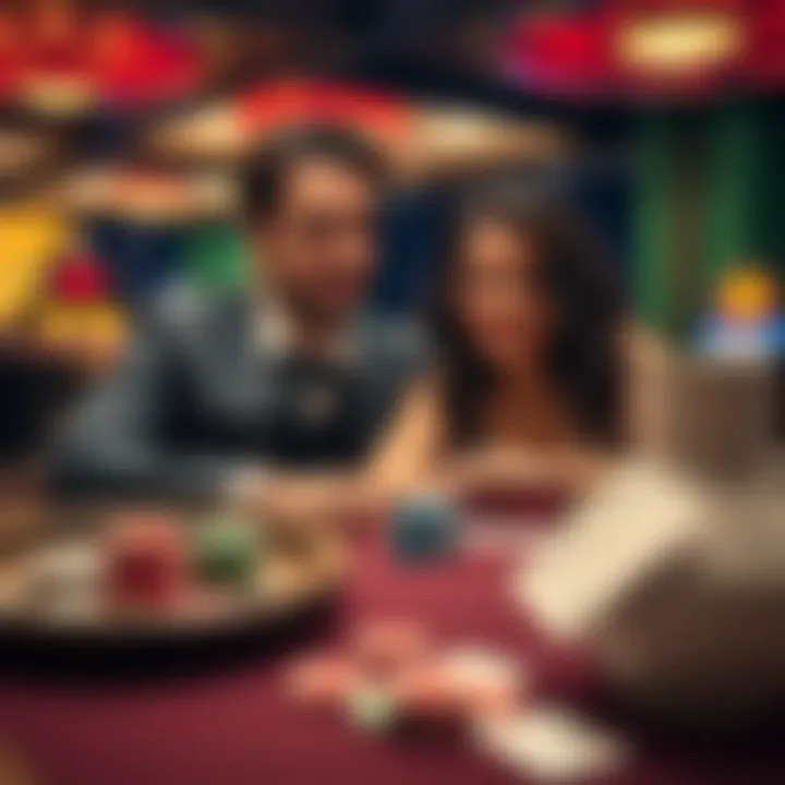 A couple enjoying their time at a casino table with poker chips and cards, surrounded by a lively casino atmosphere.