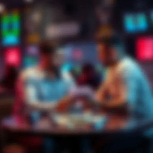 A couple sitting at a table, looking at betting slips and discussing how to split their betting profits