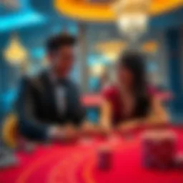 A couple excitedly playing baccarat at a casino table, with chips and cards visible, showcasing their thrill of winning and playing.