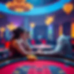 A couple sits together at a vibrant casino table, discussing their bets and choices with a mix of excitement and concern, illustrating the blend of love and gambling