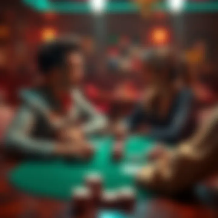 A couple sitting at a table talking about poker and their relationship dynamics, with cards and chips in front of them.