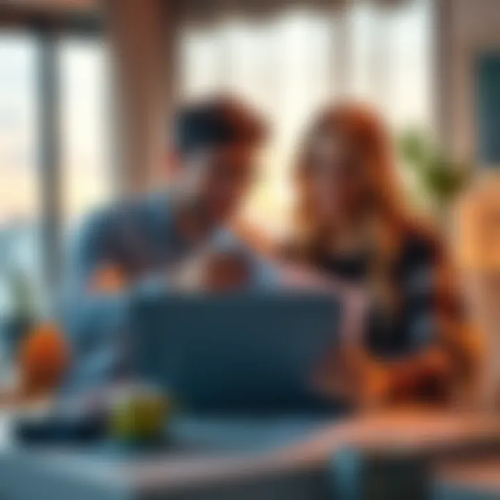 A couple sitting at a table with a laptop and financial documents, discussing their budget and spending, looking focused and engaged.