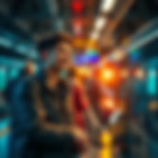 A couple smiling and holding hands while waiting for a train, surrounded by busy commuters.