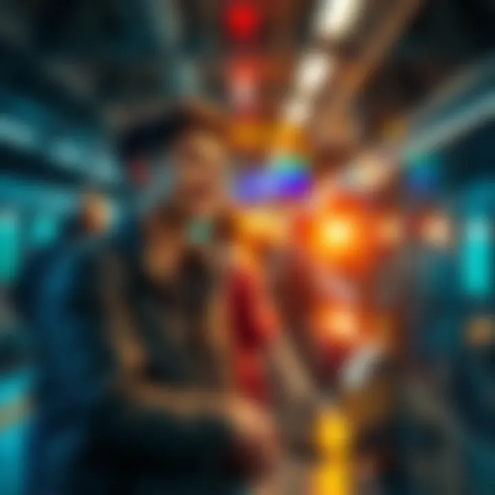 A couple smiling and holding hands while waiting for a train, surrounded by busy commuters.