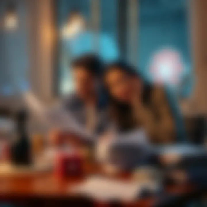 Struggling couple with bills A couple sitting at a table, looking worried while reviewing bills and paperwork related to their financial issues caused by gambling addiction.