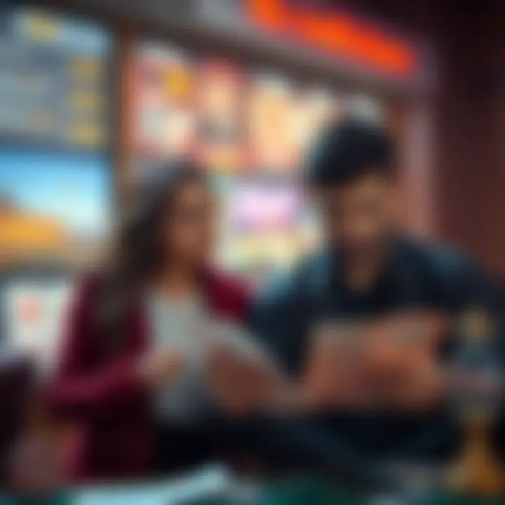 A woman looks concerned while talking to her boyfriend who is stressed and staring at gambling papers, showcasing their struggle with gambling addiction.