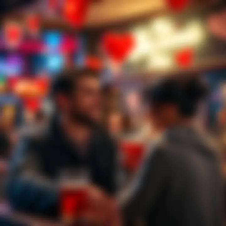 A couple enjoying drinks and smiling at a busy pub decorated for Valentine's Day
