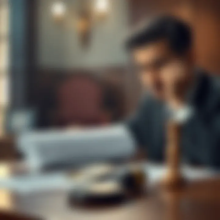 A man looking stressed while reviewing legal documents and a small amount of cash on a table, representing financial troubles in a court case.