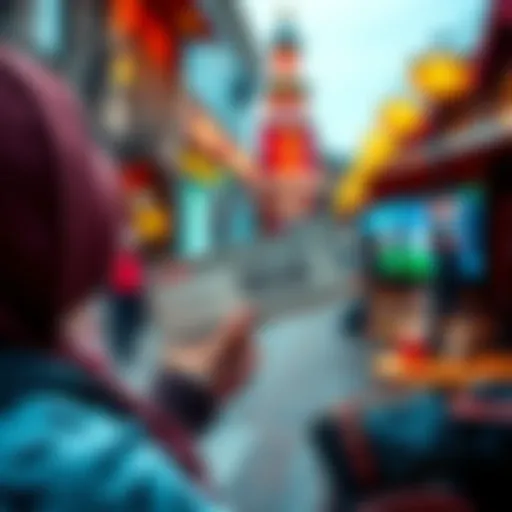 A traveler holding a voucher while exploring local attractions and dining options