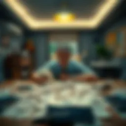 Individual sitting at a table covered in bills, looking worried and contemplative about their financial situation.