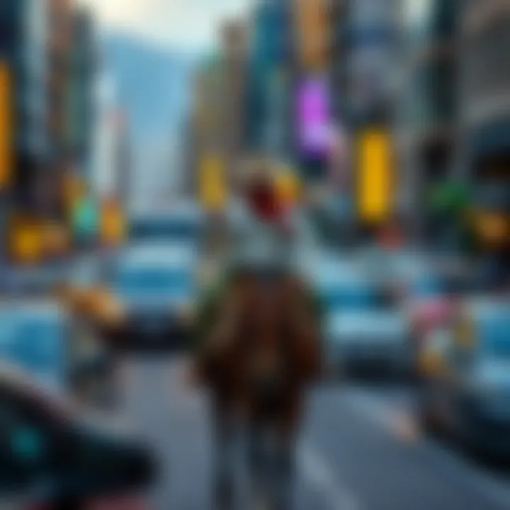 A cowboy on horseback navigating through busy city streets, surrounded by cars and pedestrians, showcasing a blend of tradition and modern life.