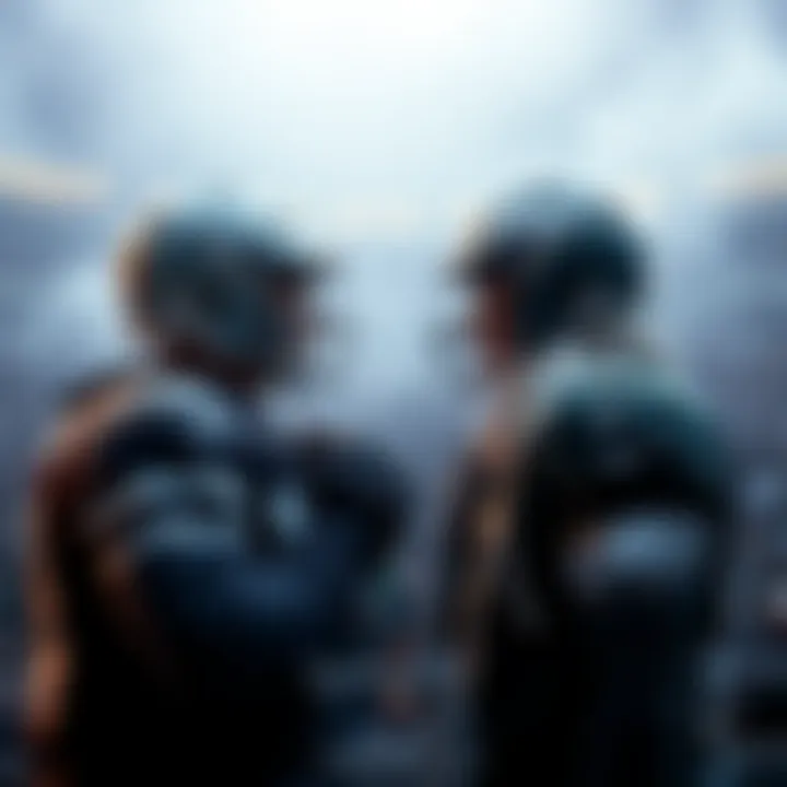 Two football teams, Cowboys and Eagles, facing off with fans debating on betting choices, showing logos and team colors.