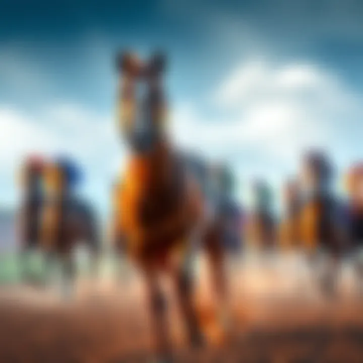 A group of racehorses preparing for the Cox Plate with one standout horse in the foreground, symbolizing Sir Delius as the favorite.
