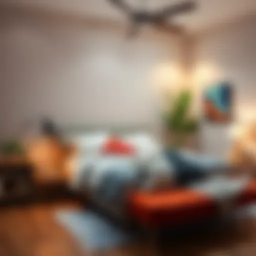 A modern bedroom with soft lighting, a neatly made bed, and decorative elements that create a warm atmosphere.
