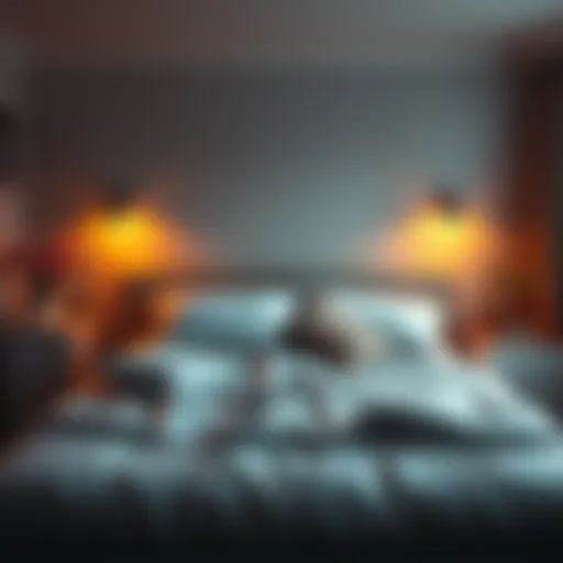 Cozy bedroom with a bed A cozy bedroom with a neatly made bed, soft pillows, and warm lighting, perfect for a good night's sleep.