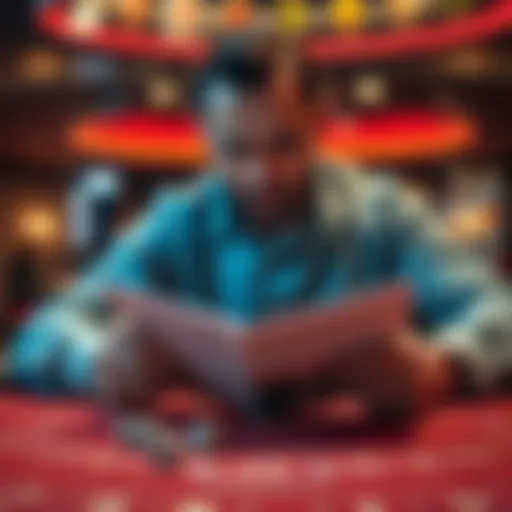 A player examines dice and a strategy guide while sitting at a craps table, focused on winning techniques.