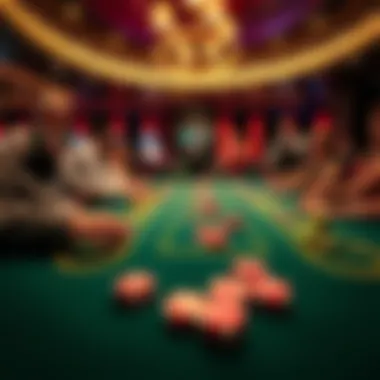 A lively craps table with players enjoying the game in a Las Vegas casino, featuring colorful dice and chips on the table.