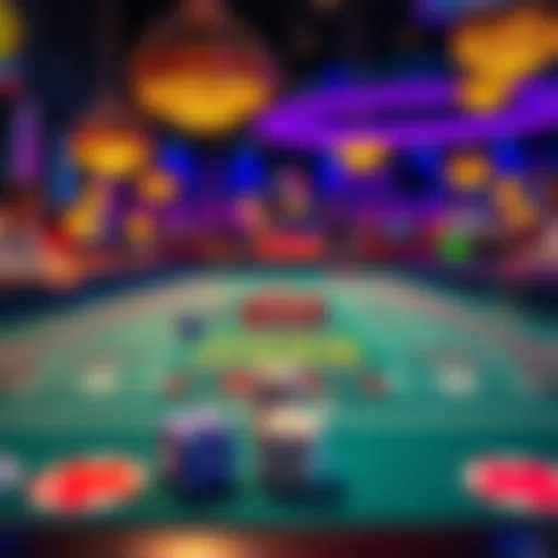 A colorful craps table with dice and betting layout, showing players engaged in the game.