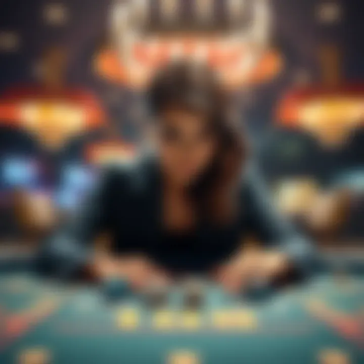 A woman sits at a craps table, rolling dice with a focused expression, showcasing her strategy for winning.