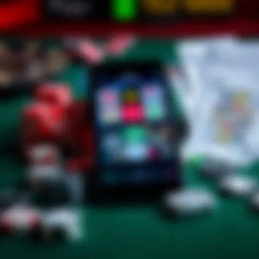 A smartphone displaying various craps strategy apps and software with dice and playing cards in the background.