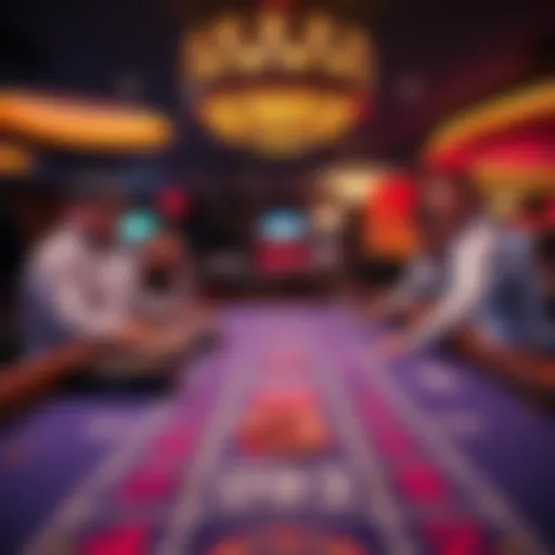 A craps table at a casino with players looking serious while analyzing their bets