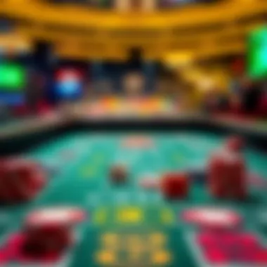 A colorful craps game table with betting chips and dice ready for play
