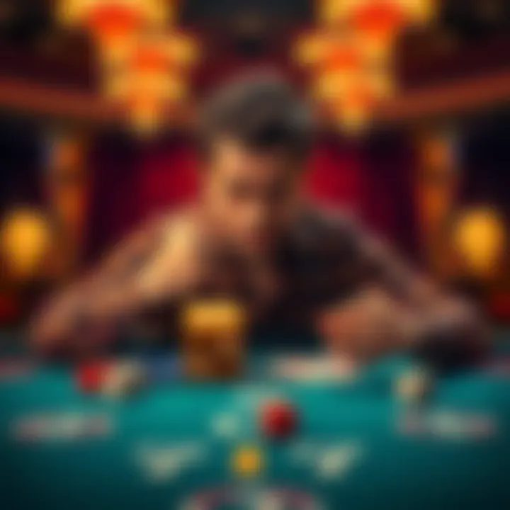 A frustrated player at a craps table repeatedly rolls 7s, with dice in hand and a look of disbelief on his face.