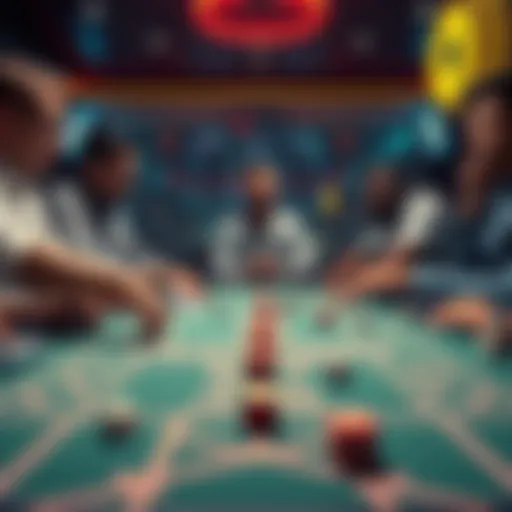 A group of players testing a new craps roguelike game at a table with dice and game elements around them