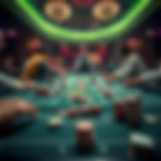Players rolling dice at a casino Craps table with chips piled up