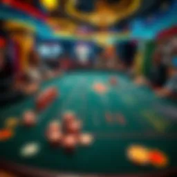 A craps table with colorful dice and chips, players excitedly placing their bets in a lively casino setting