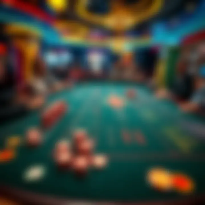 A craps table with colorful dice and chips, players excitedly placing their bets in a lively casino setting