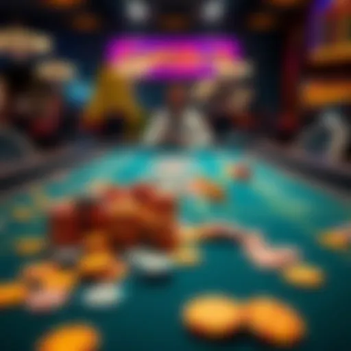 A craps table covered with colorful chips and a player looking worried after losing money