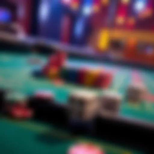 A craps table with colorful chips and a pair of dice ready for play