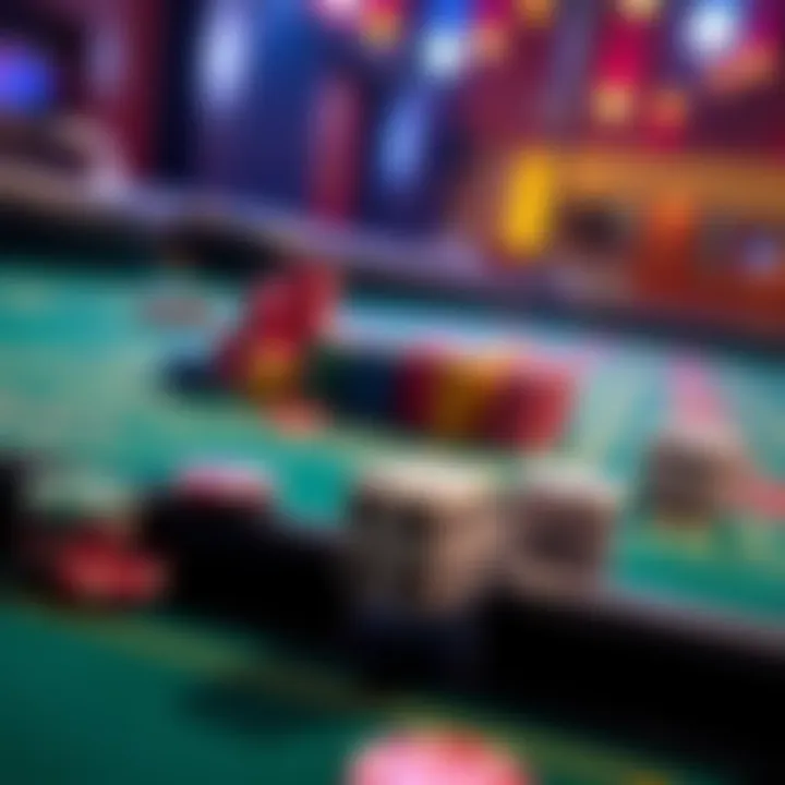 A craps table with colorful chips and a pair of dice ready for play