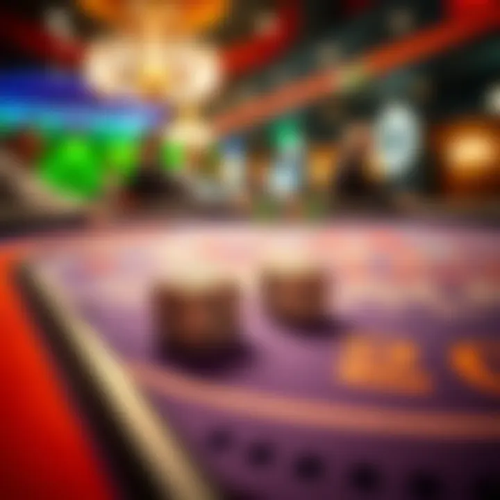 Craps Table and Dice A craps table with colorful felt, dice placed on the table and players engaged in a game at a casino.