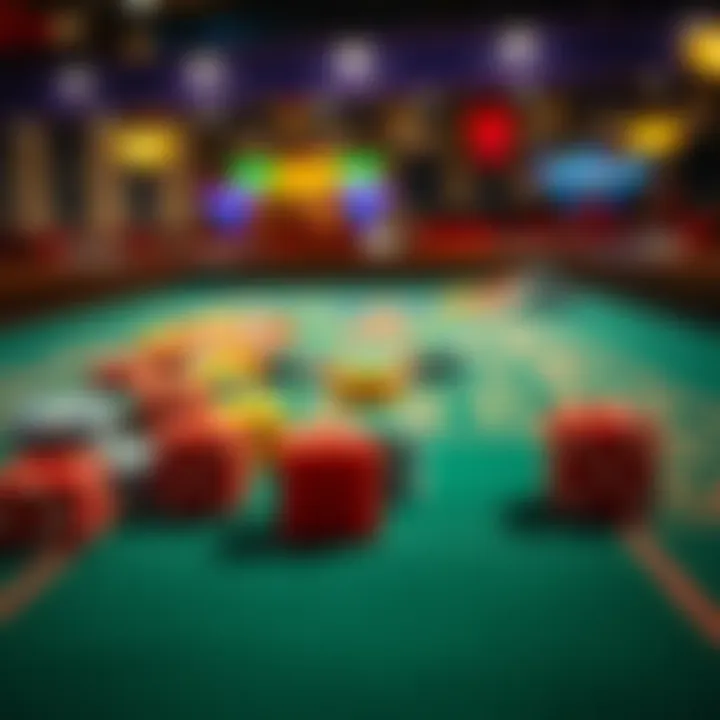 A craps table featuring colorful chips and dice ready for a game, showcasing the excitement of gambling.