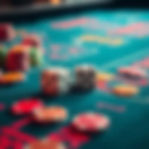 A craps table with colorful chips and two dice ready for a roll