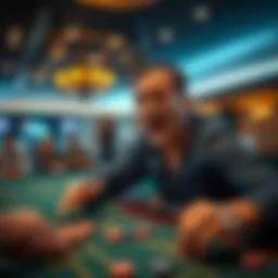 A loud player at a craps table looks upset after losing money, while other players look indifferent.
