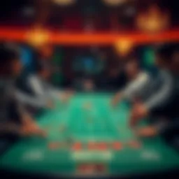 A lively craps table with players throwing dice and engaging with each other, showcasing moments of excitement and tension.