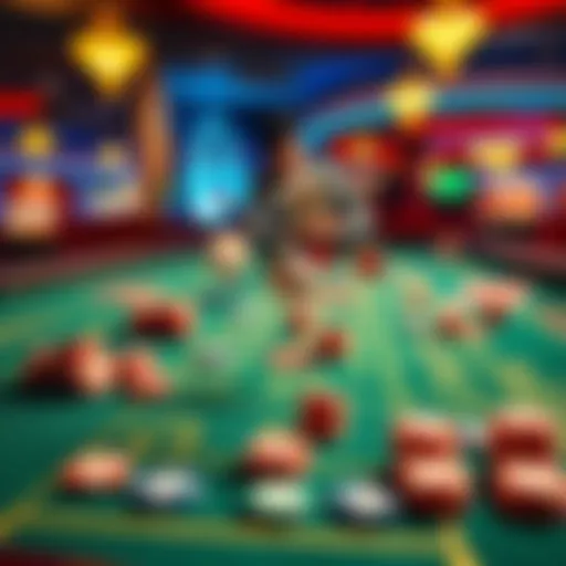 A lively craps table in a Vegas casino filled with colorful chips and dice being thrown by players