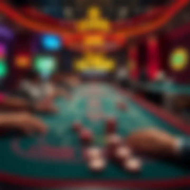 A vibrant craps table with players enjoying the game in Las Vegas, showcasing chips and dice, highlighting the excitement of gambling.