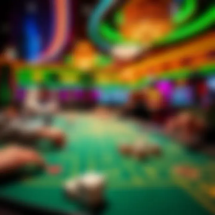 A vibrant craps table in a Las Vegas casino featuring players rolling dice and betting on different odds options.