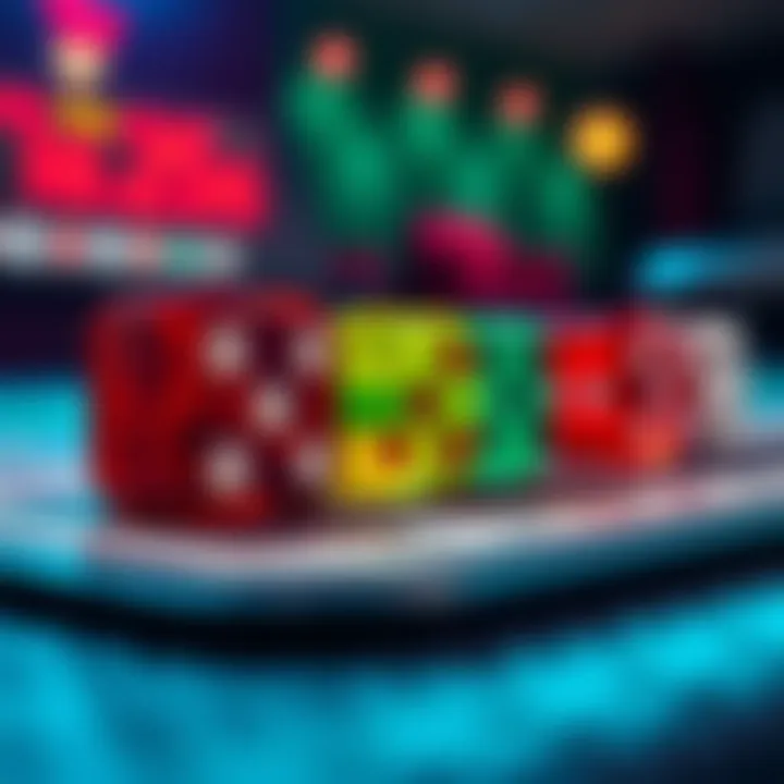 A close-up of colorful dice showing the Big Reds in a gaming scene