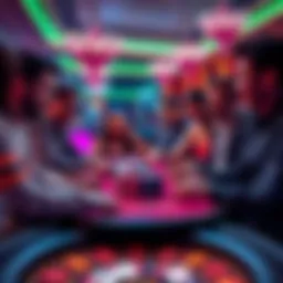 A group of people at a casino table sharing unusual betting strategies and laughing, with colorful chips and cards in front of them.