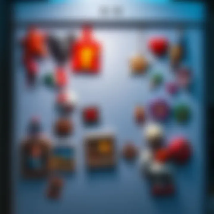A collection of colorful magnets and art pieces hanging on a refrigerator door, adding a personal touch to the kitchen