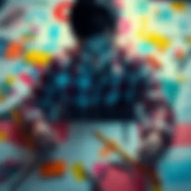 A person surrounded by colorful sketches and notes, illustrating the chaotic nature of creativity and personal struggle.